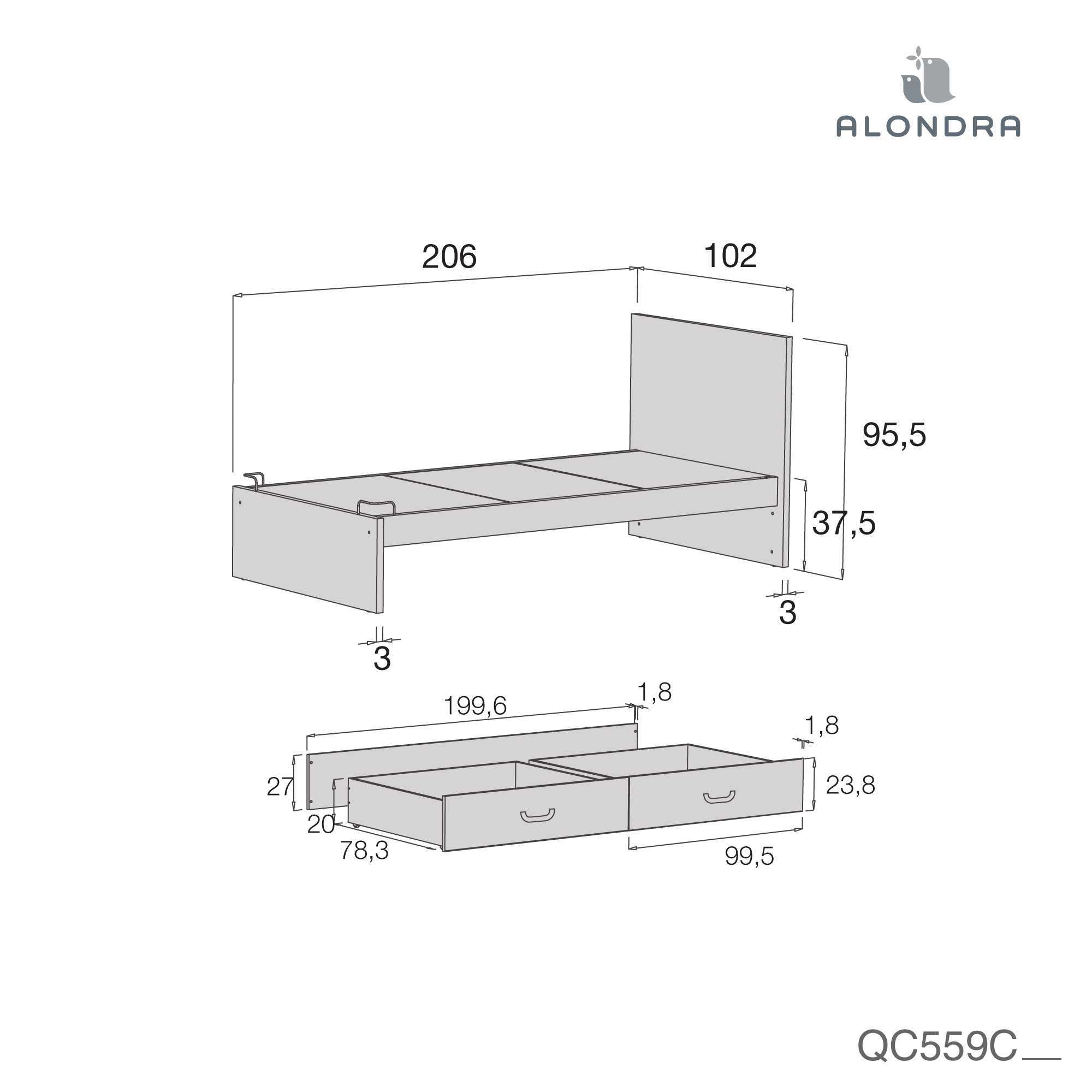 Cama juvenil de 90x200 cm con cajones para niños · Joy QC559