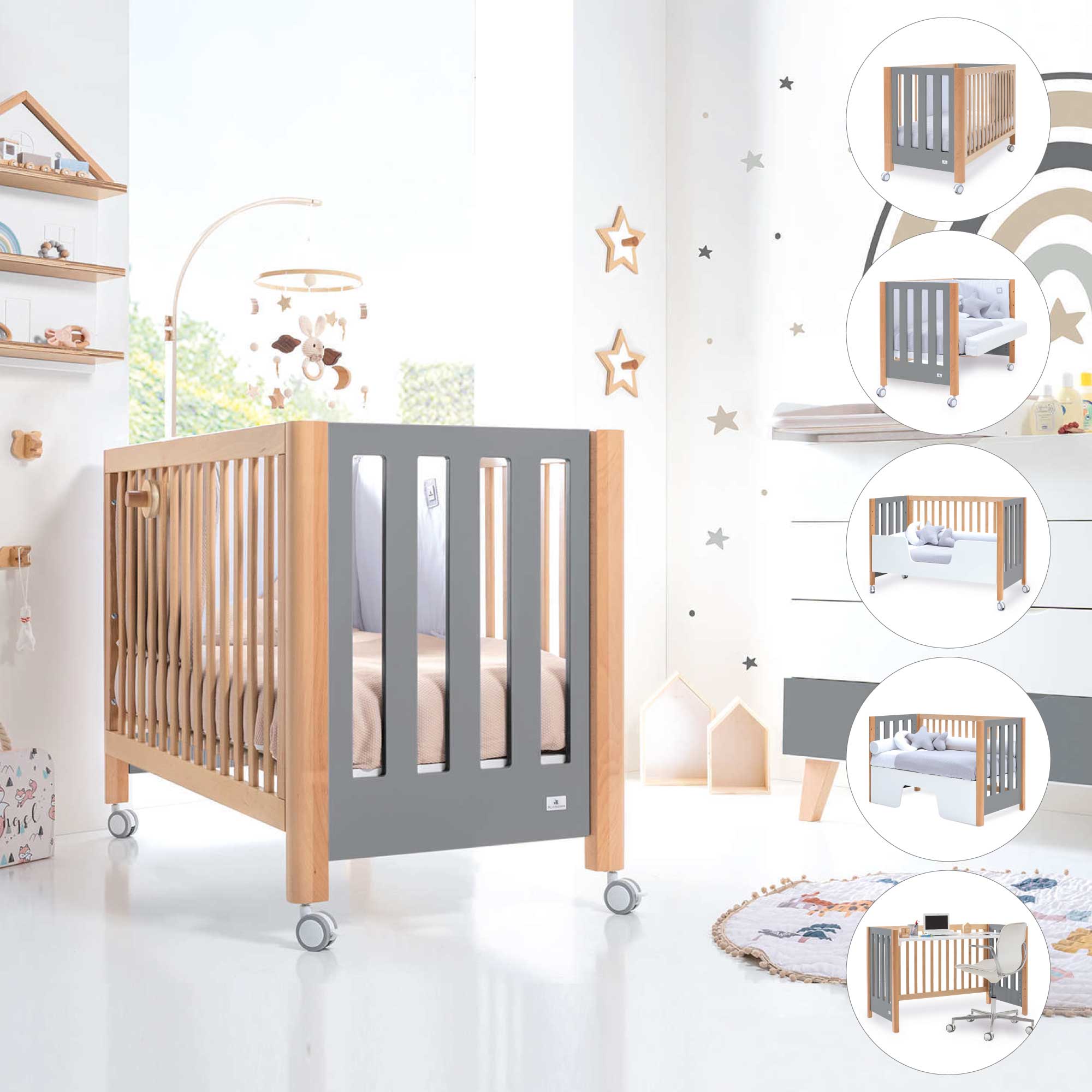 cuna colecho transformable en cama montessori cama infantil escritorio en gris y madera