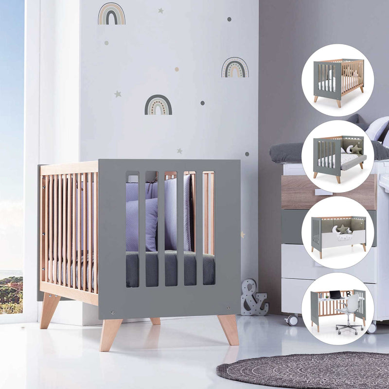 cuna colecho transformable en cama infantil escritorio en gris y madera