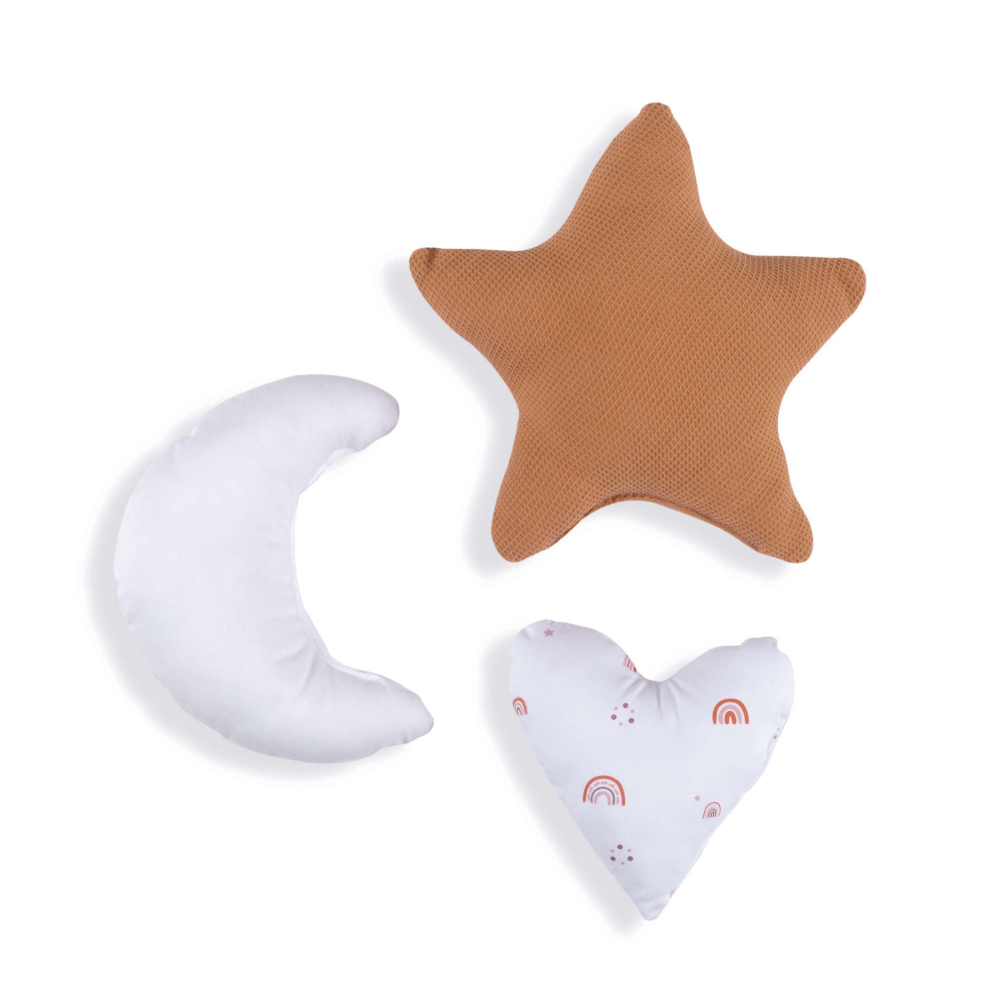 Set 3 cojines infantiles (luna, estrella, corazón) terracota · Ariake 693-123