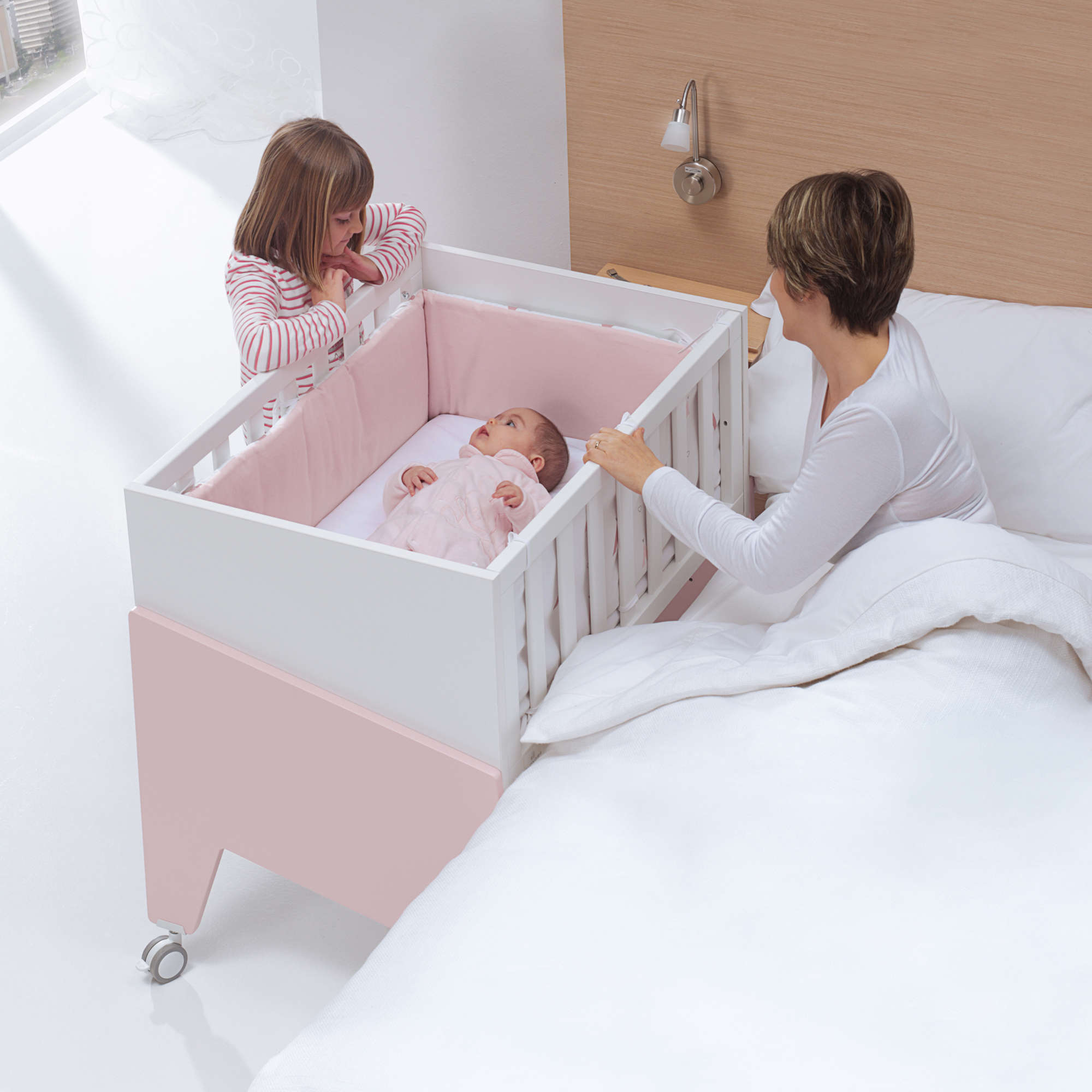 Minicuna de colecho 50x80 cm para bebé (5en1) blanca/rosa · Equo