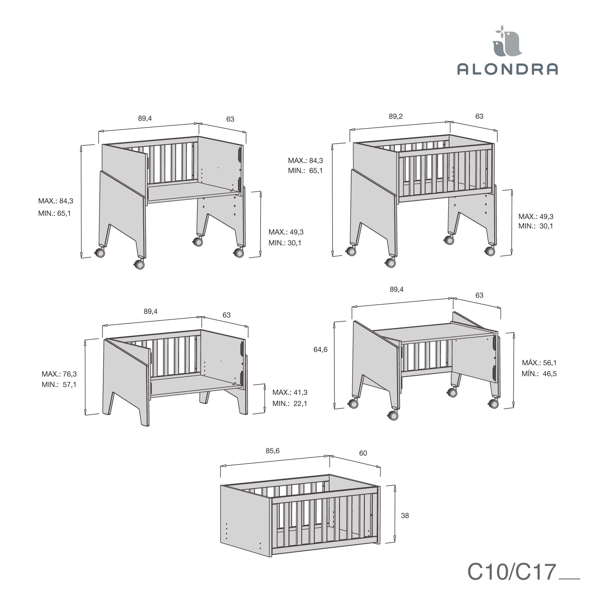 Minicuna de colecho 50x80 cm para bebé (5en1) blanca/gris · Equo