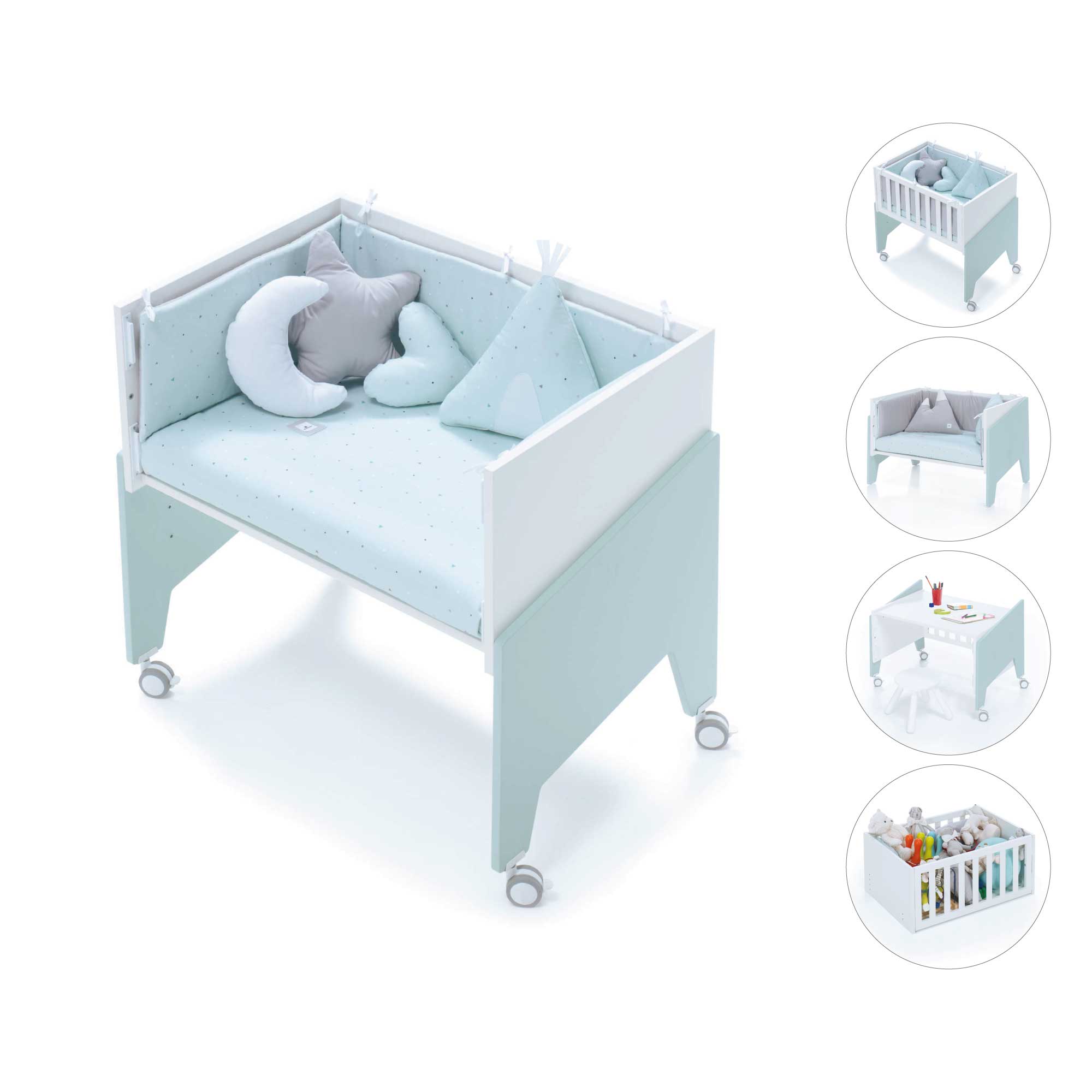 Minicuna de colecho 50x80 cm para bebé (5en1) blanca/verde-menta · Equo
